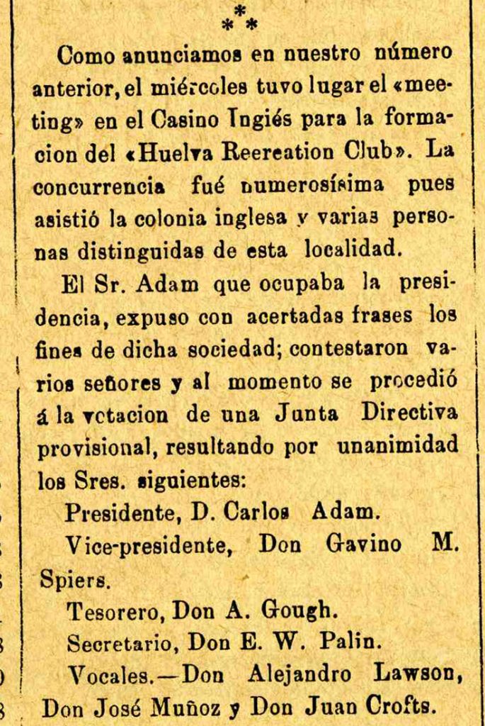 Fundação do primeiro clube de futebol da Espanha, o Huelva Recreation Club