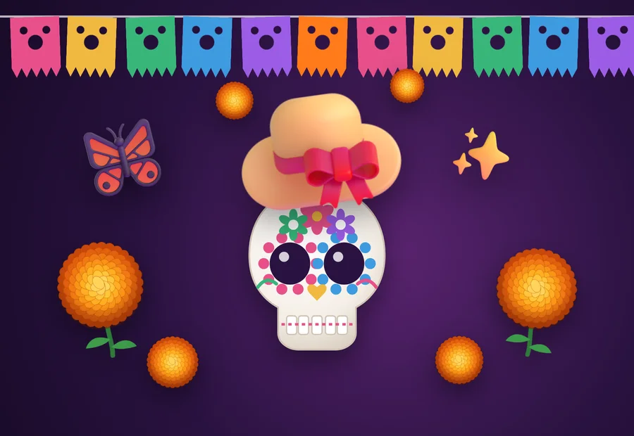 Ilustração de uma Catrina: uma caveira de açúcar decorada, de chapéu largo com laço, entre flores de cempasúchil e bandeirinhas de papel picado