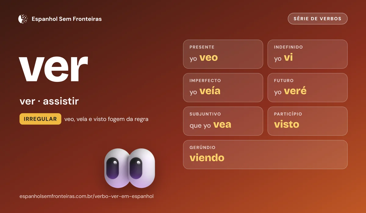 Ficha do verbo ver: significa ver e assistir; formas principais veo, vi, veía, veré, vea, visto e viendo
