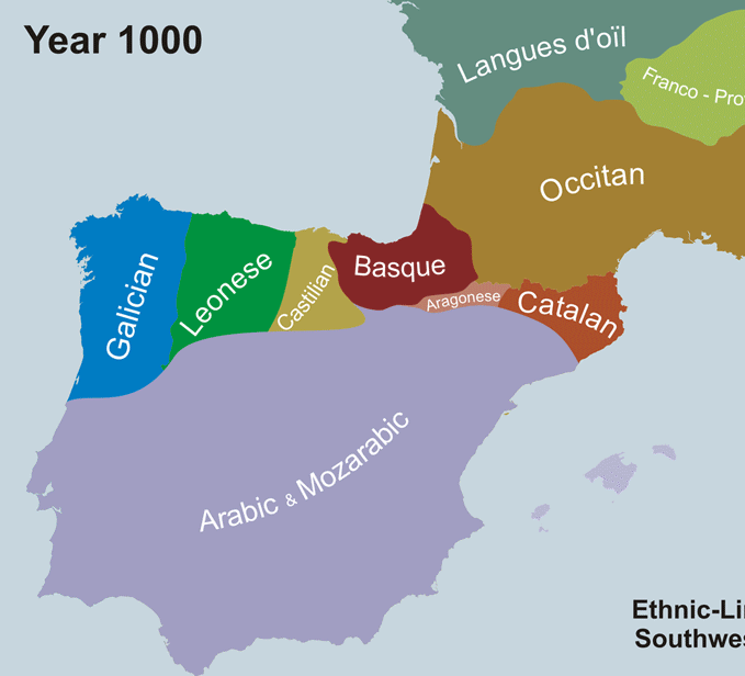 Mapa da evolução das línguas na península Ibérica. A história da língua espanhola.
