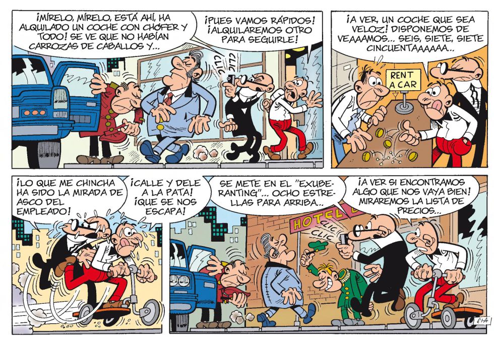 Página de Mortadelo y Filemón: os dois seguem um suspeito que alugou um carro com chofer, mas o dinheiro deles só dá pra alugar um triciclo